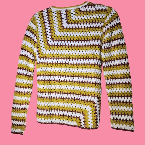 Granny Core Striped Boho‎ Crochet Lace-Up Neck Yellow/White/Brown Small Sweater - Picture 4 of 5